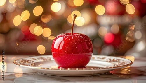 A Single, Perfectly Formed Red Apple Dessert on a Plate with Bokeh Lights
