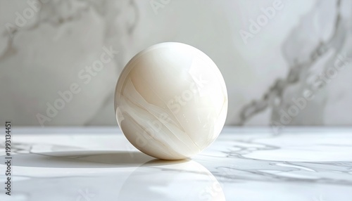 A smooth, alabaster sphere with subtle veins, presented on a polished marble surface with soft lighting and reflections