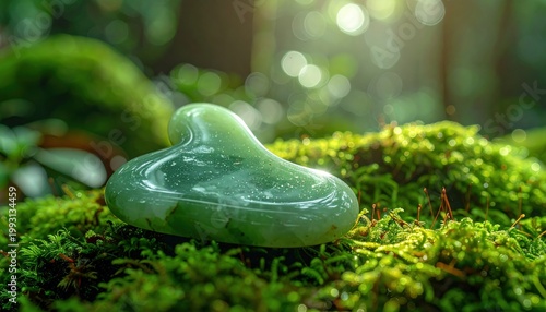 A smooth, cool jade object rests on vibrant, sunlit moss in a serene forest setting