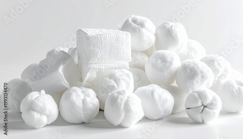 A sterile assortment of fluffy white cotton balls and gauze pads for medical hygiene