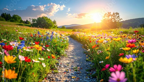 A Winding Gravel Path Through a Vibrant Meadow Under Golden Sunlight