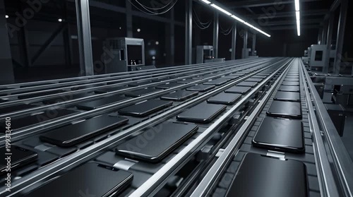 Futuristic Dark Factory Assembly Line With Rows Of Black Smartphones Moving Under Industrial Lighting