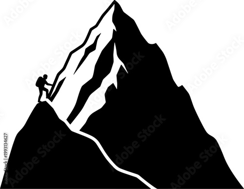 Black silhouette of a person climbing a steep mountain peak