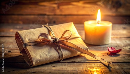 Aged gift wrapped with ribbon and bow beside a glowing candle on a wooden surface, evoking warmth and sentiment.