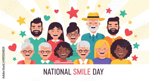 Happy diverse people celebrating national smile day with colorful stars hearts and a bright sunburst background