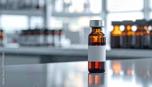 Amber glass vial with dark liquid sits on a laboratory surface with blurred background equipment