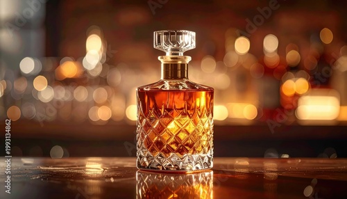 An elegant crystal decanter filled with amber whiskey, displaying a rich liquid and intricate glasswork on a reflective surface with a blurred bar background.