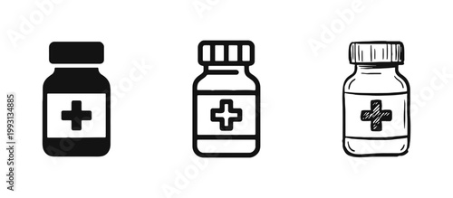 Medicine Bottle and Pharmacy Icon Set - Healthcare, Medical Treatment and Pharmaceutical Symbols