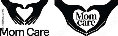 Hands forming heart with mom care text black and white protection motherhood parenting maternal