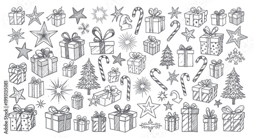 Hand-drawn Christmas gift boxes, stars, candy canes, and trees pattern