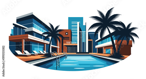 Modern resort with swimming pool and palm trees