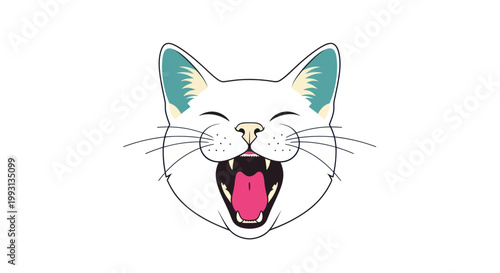 A white cat is yawning widely with its mouth open.