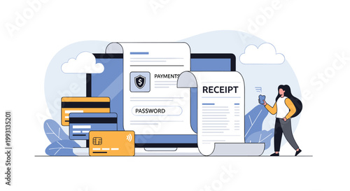Online payment and bill processing concept with a woman holding a phone next to receipts and credit cards.