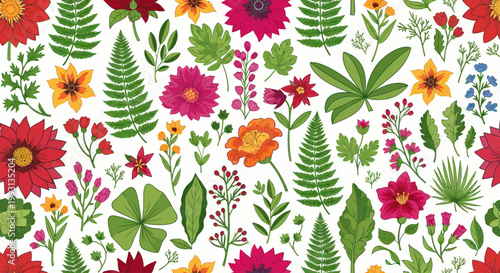 Vibrant Floral Seamless Pattern with Colorful Botanical Illustrations