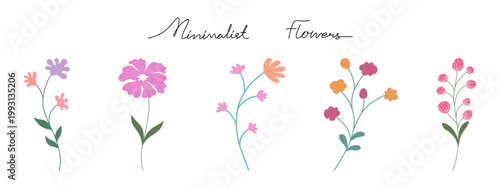 Minimalist Flowers set, designed in a simple, doodle style with neutral colors, perfect for digital prints, cards, weddings, paper patterns, stickers, art for kids, scrapbooks, worksheet decorations