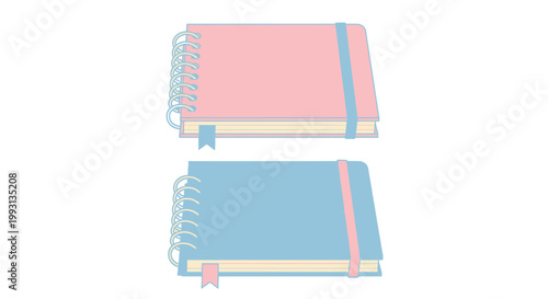 Set of pastel colored spiral bound notebooks with elastic bands and bookmarks.