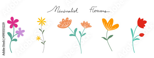 Minimalist Flowers set, designed in a simple, doodle style with neutral colors, perfect for digital prints, cards, weddings, paper patterns, stickers, art for kids, scrapbooks, worksheet decorations