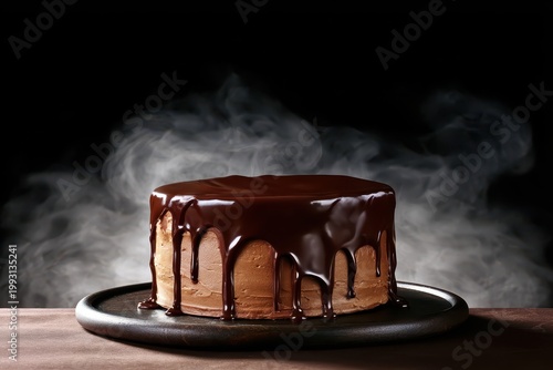 Whole Chocolate Cake With Glossy Drip Glaze On Plate