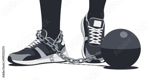 Conceptual illustration of a person wearing sneakers shackled to a heavy ball and chain.