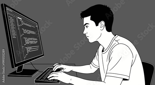 Young man software developer coding on computer in minimalist line art style