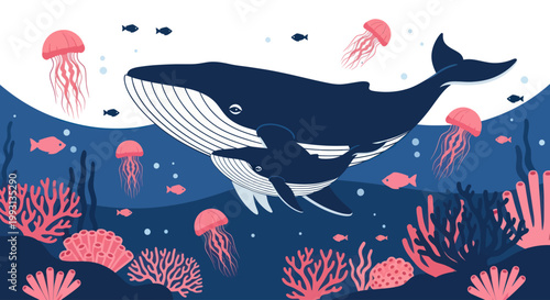 Flat vector illustration of a whale and its calf swimming in a vibrant coral reef ocean