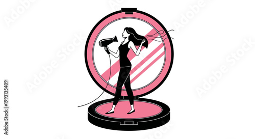 Woman drying hair in a compact mirror with a hairdryer