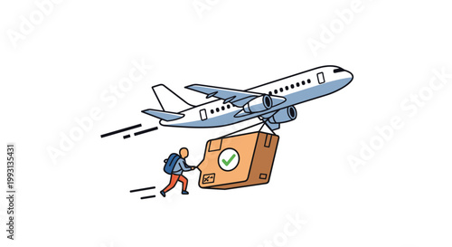Global logistics concept with cargo airplane flying while carrying a large cardboard box and delivery courier running fast.