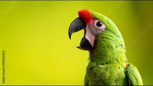 Vibrant green macaw parrot with red forehead vocalizes in a close-up view against a soft green background, showcasing its colorful feathers and expressive beak