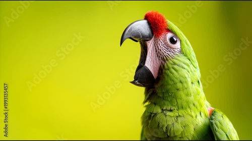 Green parrot with red forehead and black beak vocalizes with open mouth against a vibrant yellow background, showcasing its colorful feathers and distinct features
