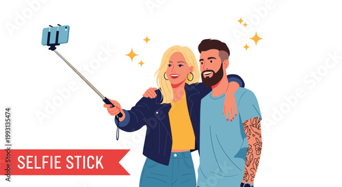 Happy young couple taking a photo together using a selfie stick for social media memories while smiling outdoors in casual clothes.