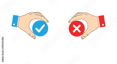 Choice and feedback concept showing human hands holding blue check mark and red cross icons for decision making process evaluations.