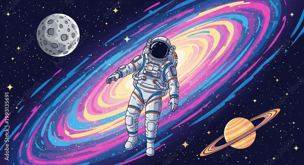 Obraz premium Astronaut in white spacesuit floats among vibrant colorful spiral galaxy with moon and saturn visible against deep space backdrop