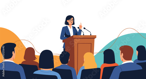 Public speaker delivering a presentation or lecture from a wooden podium to a seated audience at a seminar or professional conference.