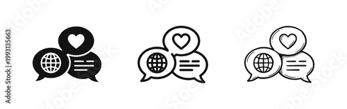 Global Communication Speech Bubbles Icon Set with World Globe and Heart Symbols
