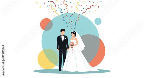 Bride and groom in wedding attire standing together under falling colorful festive confetti to celebrate their marriage ceremony union.
