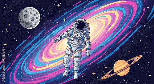 Astronaut in white spacesuit floats among vibrant colorful spiral galaxy with moon and saturn visible against deep space backdrop