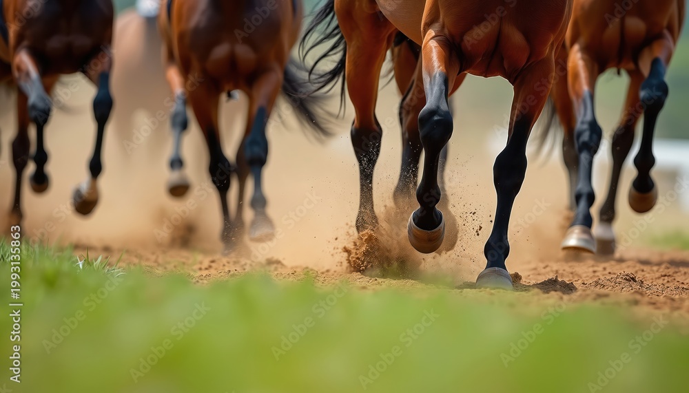 Fototapeta premium Horses gallop on dirt track kicking up dust. Close up view of hooves pounding ground. Racing animals show speed and power. Dynamic action captured from low angle.