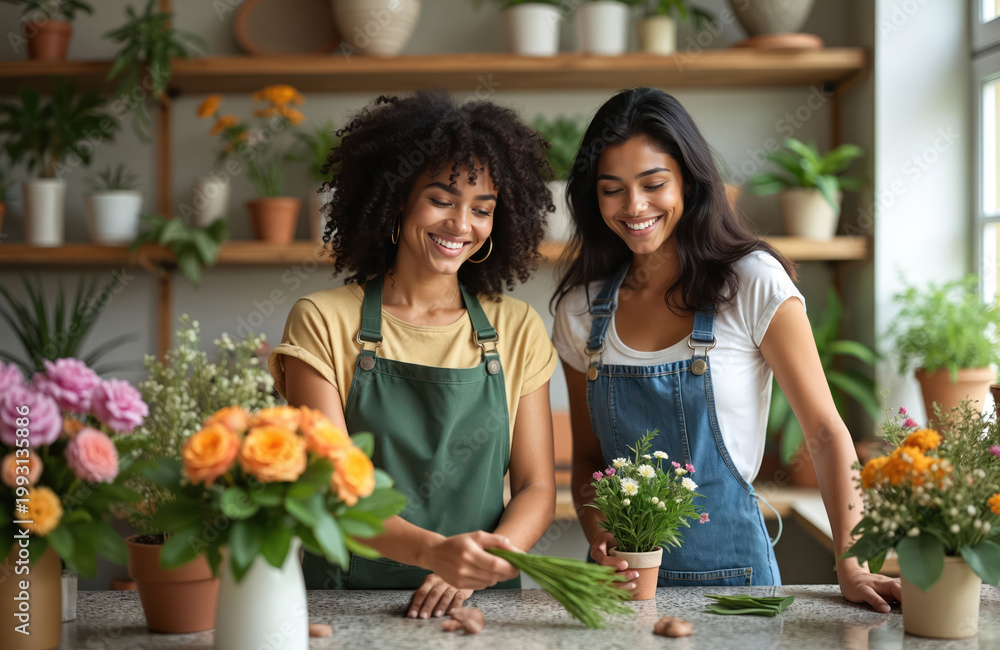Naklejka premium Two women work in flower shop. Diverse friends arrange bouquets with fresh plants and greenery. Smiling business owners create floral decor in a cozy boutique.