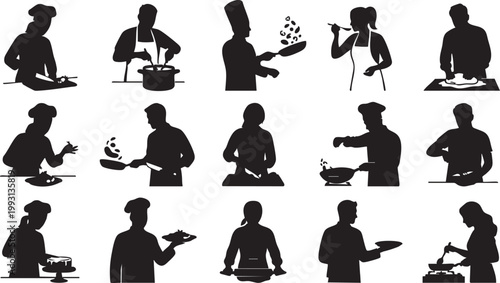 Professional Chef and Cook Silhouettes Set – People Cooking, Frying, Tasting, and Serving Food in Restaurant Kitchen