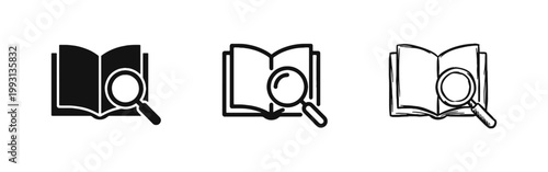 Fotografía Open Book and Magnifying Glass Icon Set for Education Research and Discovery