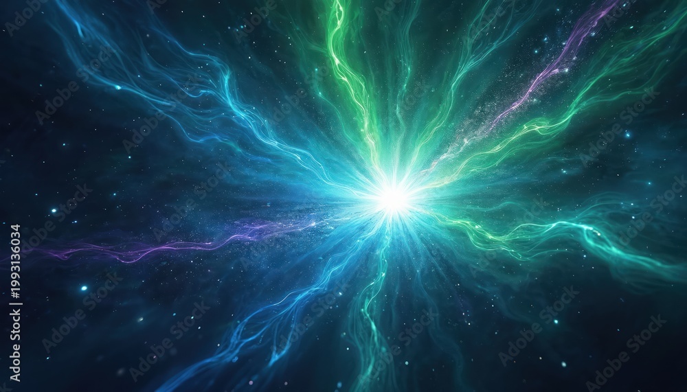 Fototapeta premium Abstract light explosion in deep space. Cosmic energy bursts with blue green purple waves and many small stars. Dynamic powerful light effect.