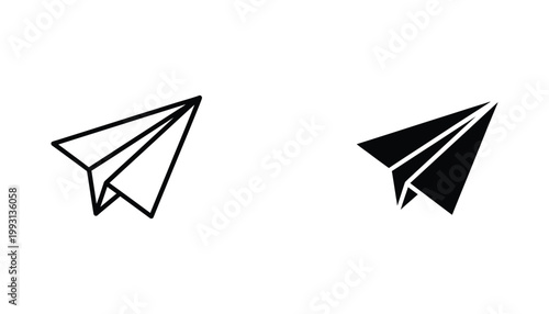 Paper airplane icon set symbolizing communication and travel in minimalist line and solid black graphic style for digital and business applications