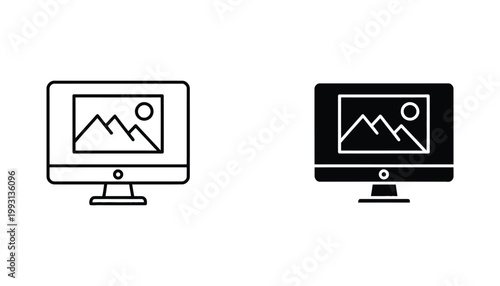 Computer monitor displaying landscape image icon set in thin line and solid black style for digital user interface design and web development projects