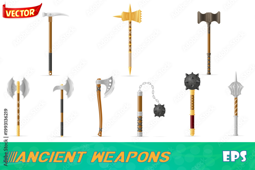 Obraz premium ancient battle weapons stock set icons vector illustration