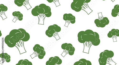 Seamless pattern of green broccoli icons on white background, flat design vector illustration