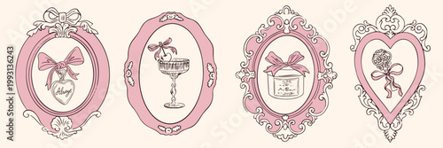 Hand drawn Victorian baroque style wedding invitations. Elegant retro whimsical frames with locket, key, cocktail, gift. Vector outline rococo renaissance boarder for banner, poster, placard