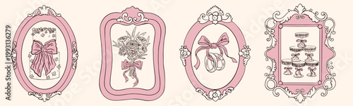 Hand drawn Victorian baroque style wedding invitations. Elegant retro whimsical frames with champagne, cake, cocktail, bouquet. Vector outline rococo renaissance boarder for banner, poster, placard