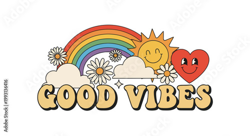 Retro good vibes design with rainbow, sun, clouds, flowers and heart