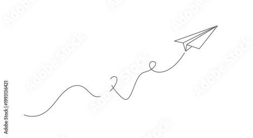 Minimalist continuous line drawing of a paper airplane following a winding path to success.