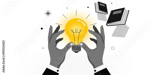 Knowledge Innovation Concept with Hands Holding Light Bulb and Books for Creative Learning Vector Illustration Design Theme